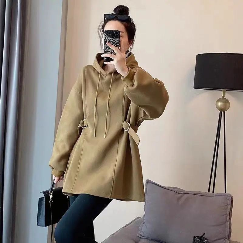 Thickened Hooded Sweatshirt with Added Fleece Mid to Long Length Short Skirt Women\'s Design Sense Loose Top New European Trend