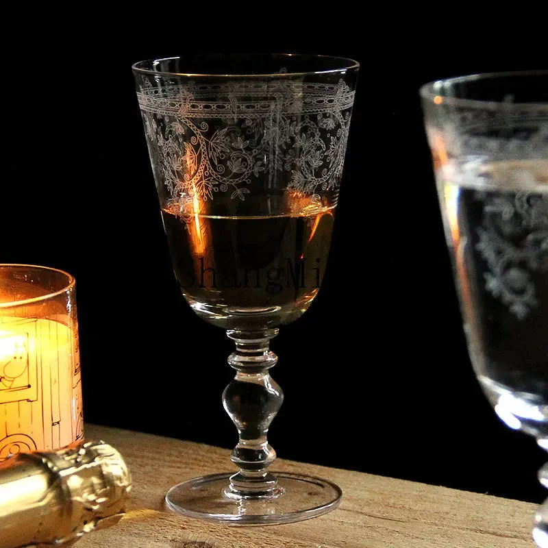 CL retro goblet etching pattern wine glass restaurant beverage juice niche medieval red wine glass