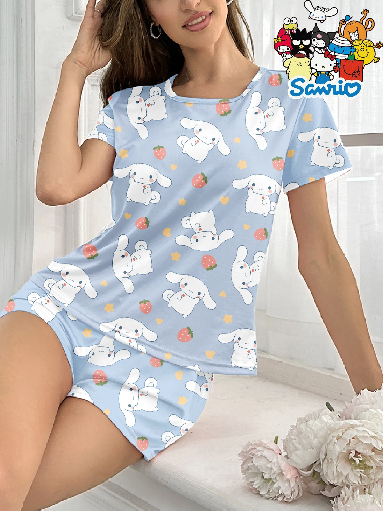 

Sanrio Yugui Dog Series Short Sleeve Shorts Crew Neck Milk Silk Casual Pajamas Homewear Set -