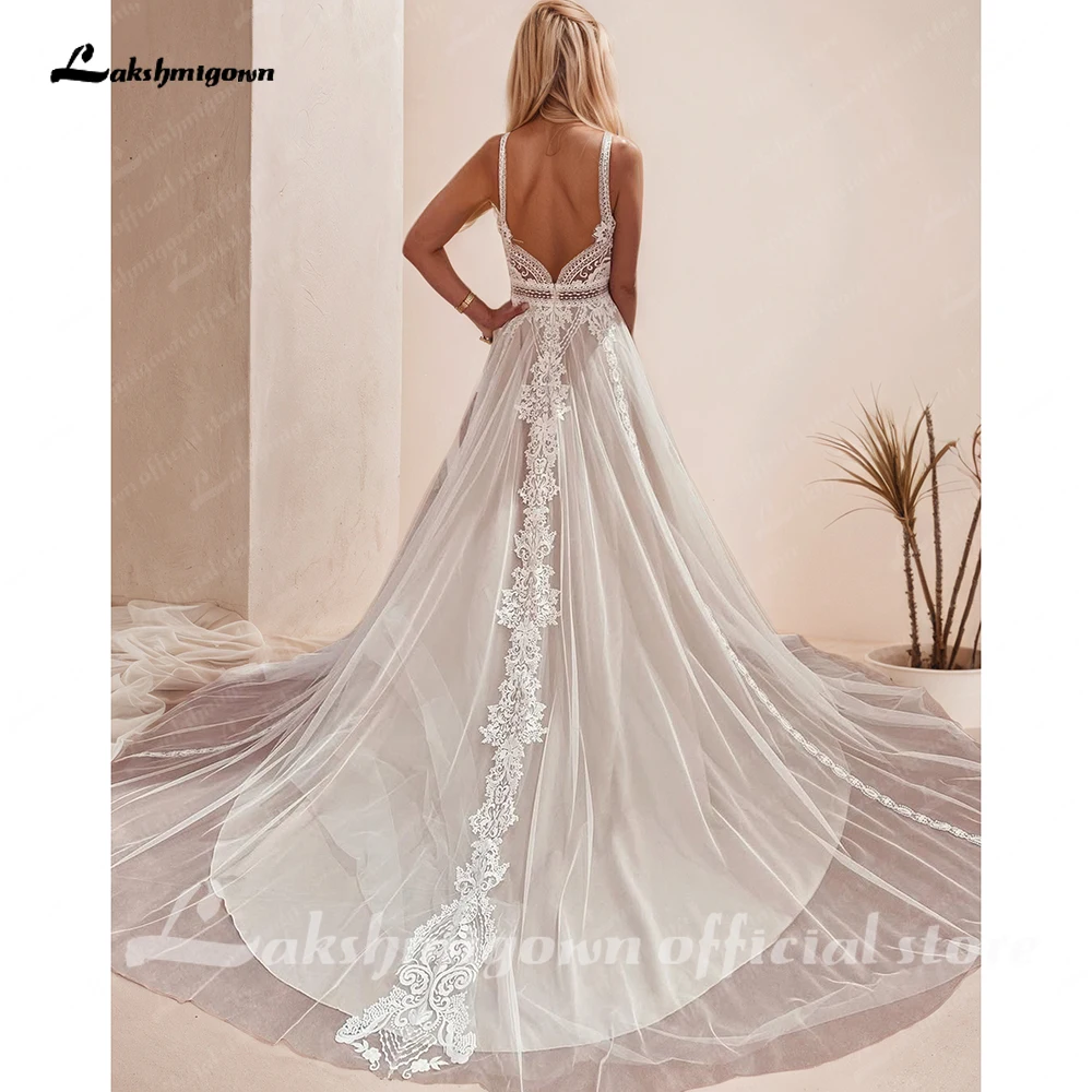 Lakshmigown Plunging V Bohemian Wedding Dress Customized Vestido Noiva Summer A Line Boho Wedding Gown V Neck Lace Open Back image 3