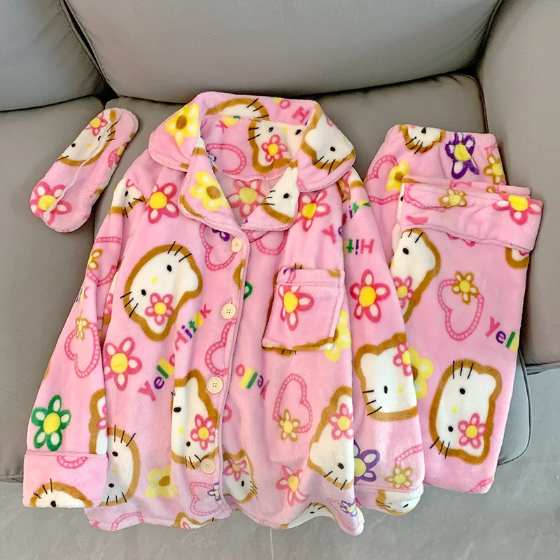 New 2pcs Sanrio Hello Kitty Pajamas Set Girls Winter Flannel Loungewear Women Warm Sleepwear Casual Home Outside Pants Clothes