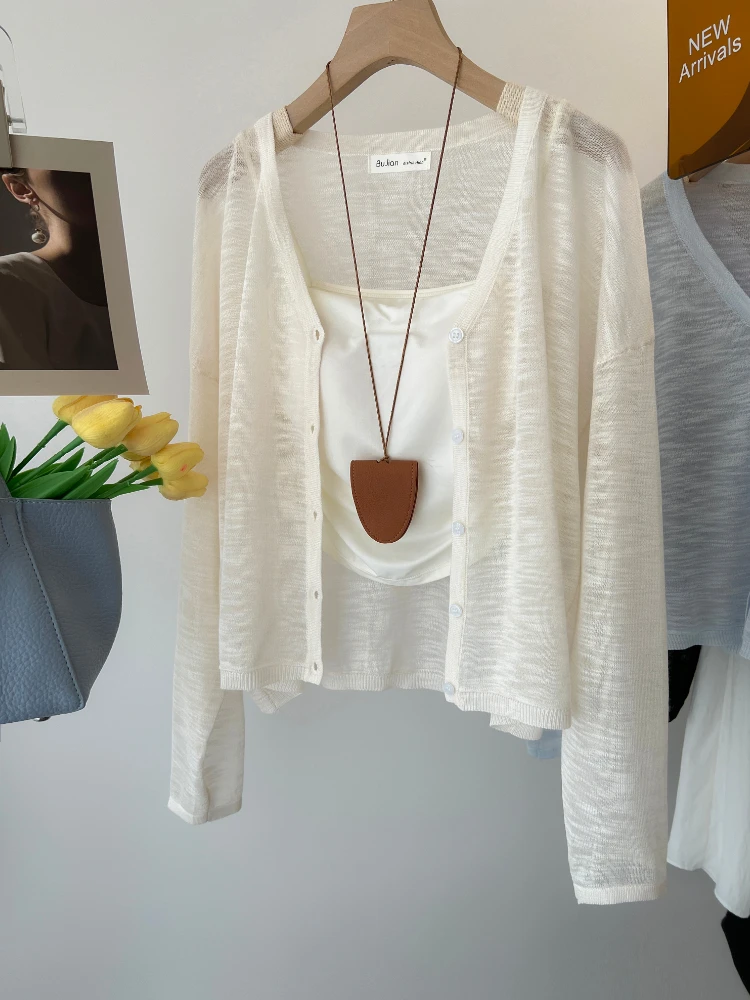 Lightweight V-Ne Bamboo Rayon Knitted Open Cardigan Women's Early Autumn Sun Protection Top Outerwear Loose Sensation Skirt