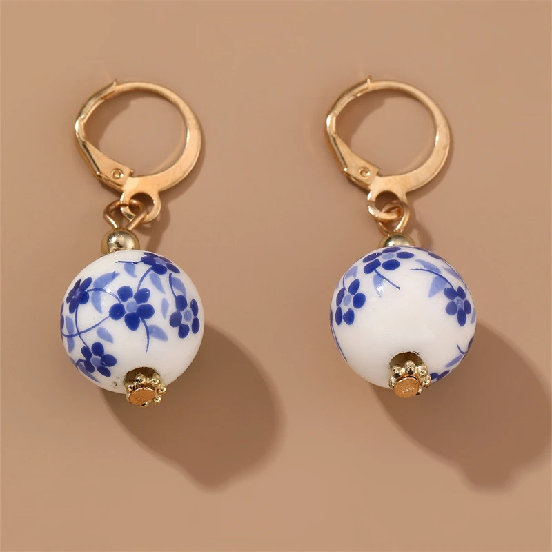 Retro New Chinese Ceramic Blue Printed Love Earrings National Trend Style Stainless Steel Imitation Blue and White Porcelain