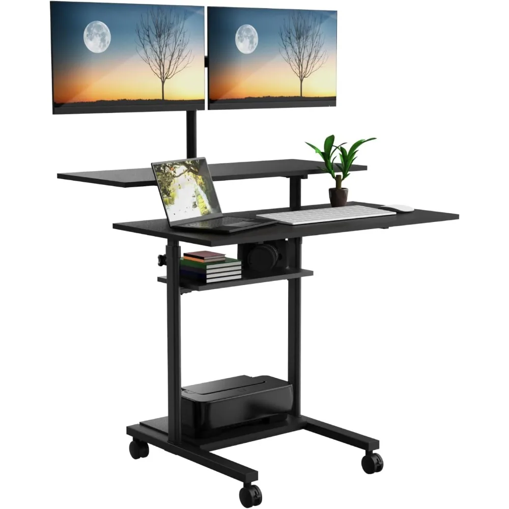 

Mobile Desk Workstation with Dual Monitor Mounts,Wide Large Rolling Computer Desk is Height Adjustable Sit Stand Computer Cart