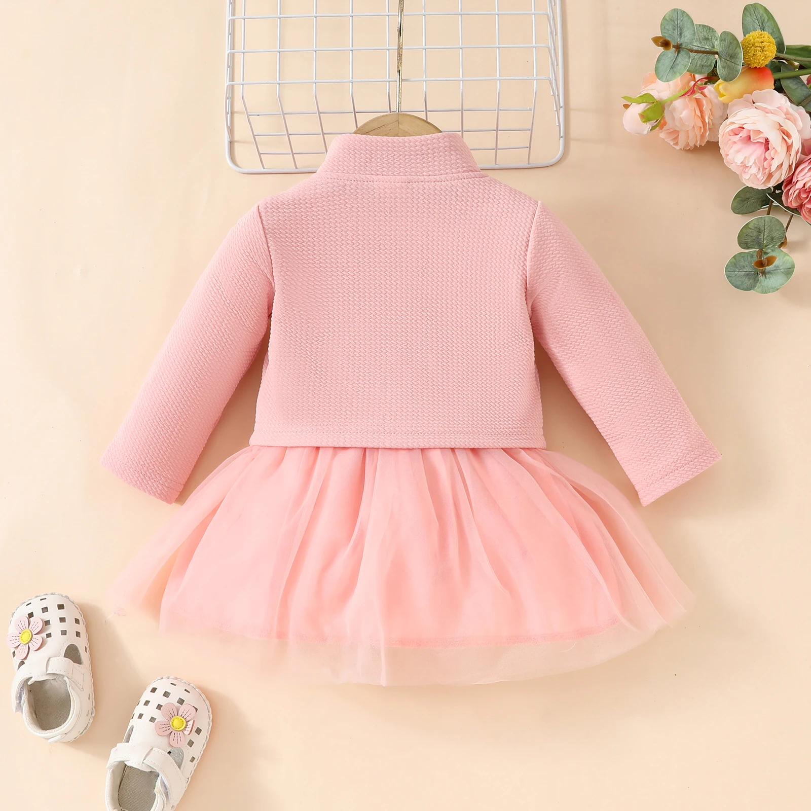 0-3 years old Spring and autumn freshmen long sleeve coat and Baby girl waist design vest patchwork mesh dress set