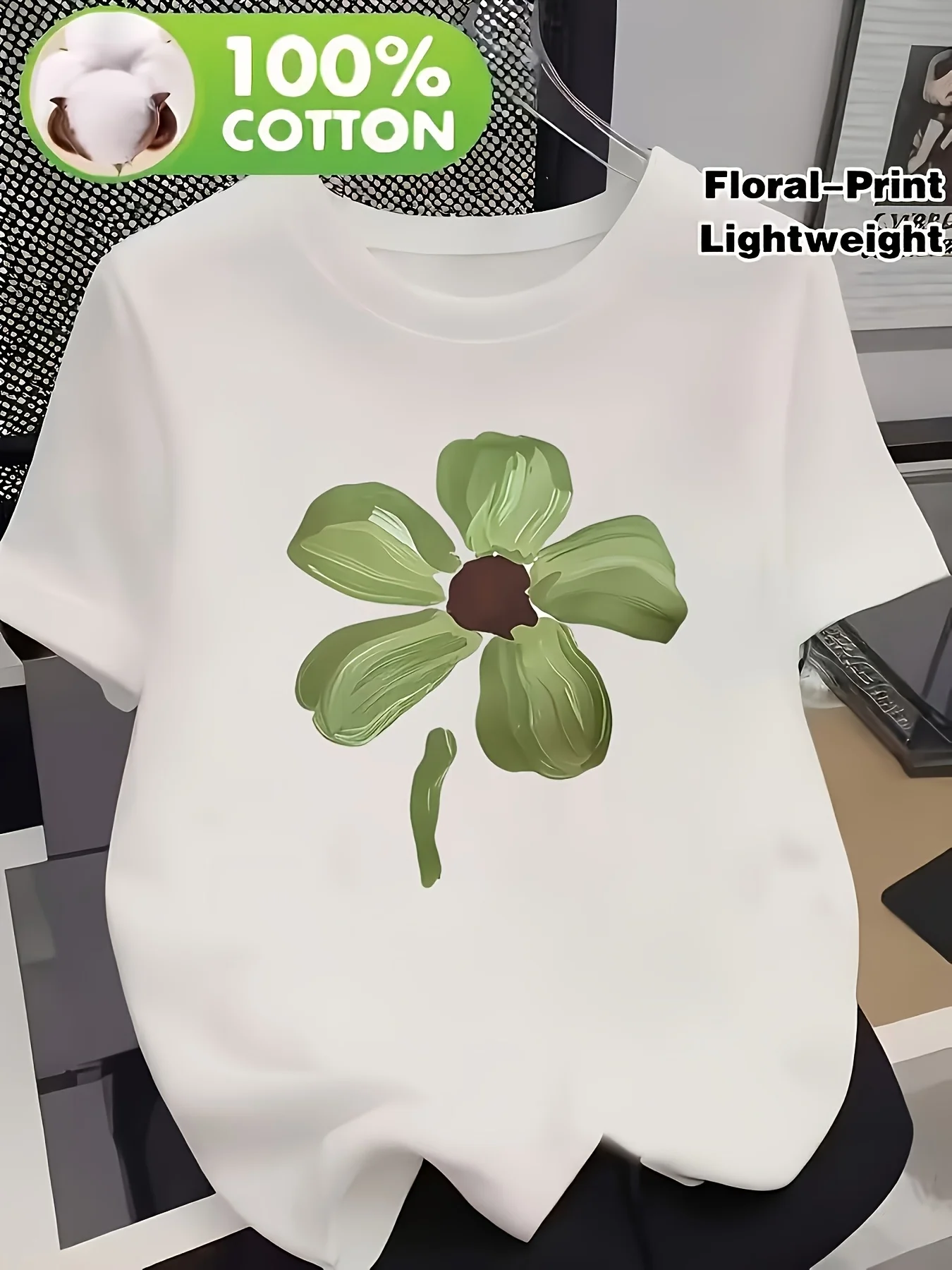 Summer new collection bright green clover pattern printed round neck T-shirt comfortable soft casual daily outdoor home wear