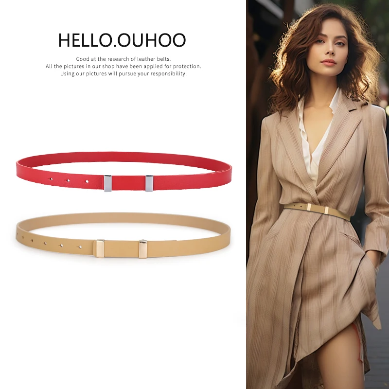 

New Women's Thin Belt Fashion Soft Genuine Leather skinny Belts Gold Solid Buckle Waistband Sliver Buckle Adjustable Waist Belt