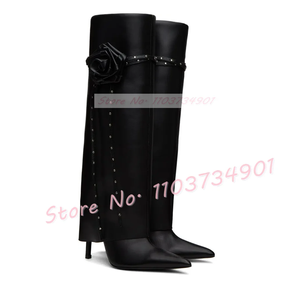 

Black Flower Fold Over Knee High Boots Women Slip On Pointed Toe Thin High Heels Shoes Female Fashion Solid Patent Leather Boots