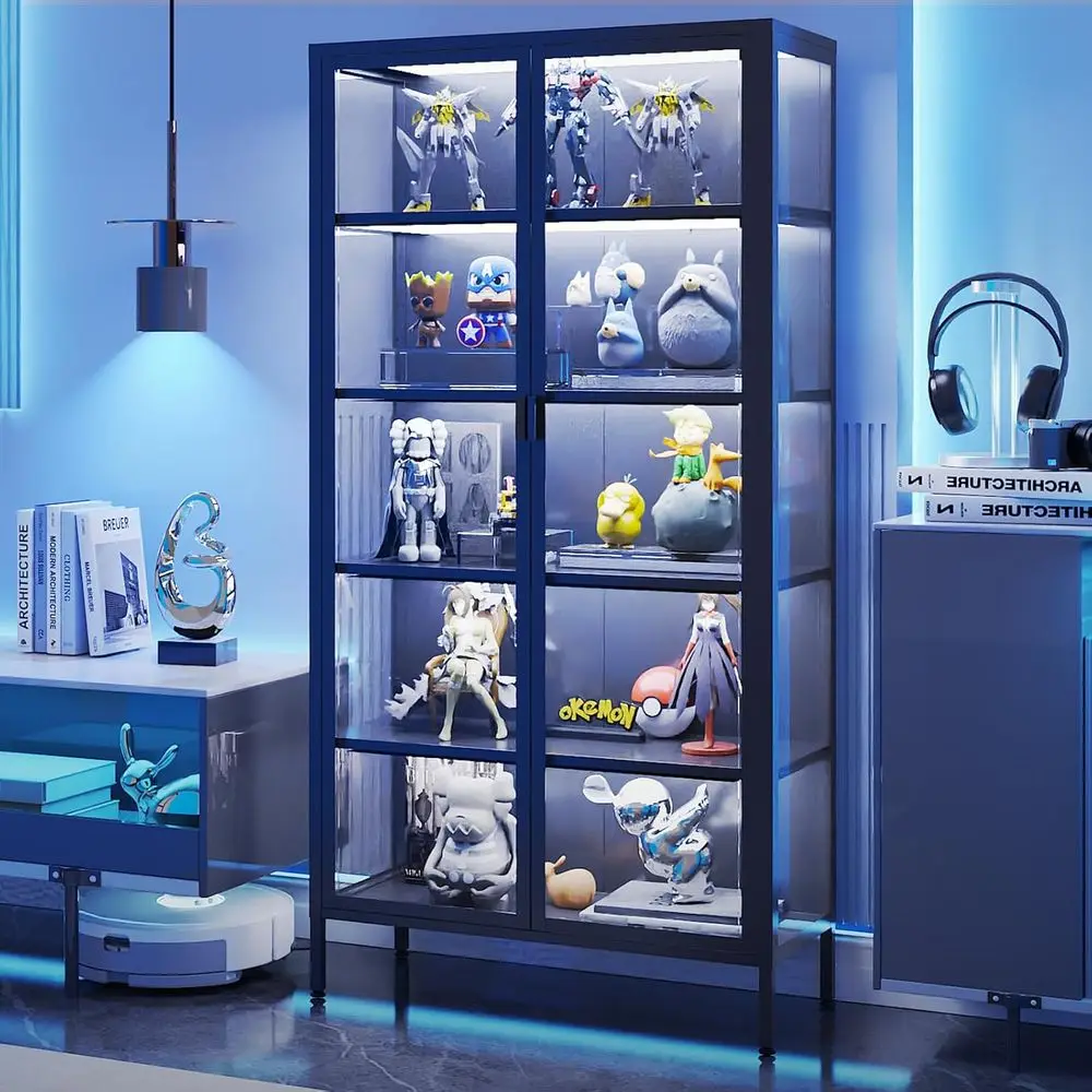 71 High Glass Display Cabinet with LED Sensor Lights, Adjustable Shelves for Living Room, Bedroom, or Kitchen