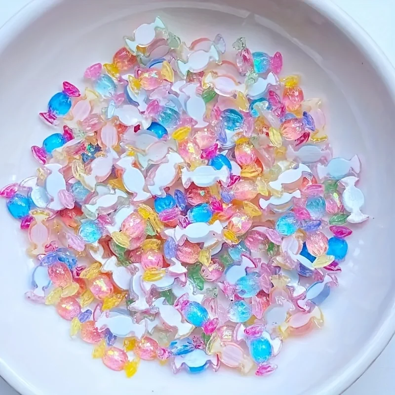 50 pcs Cute Mini 4x10mm Glossy Resin Candy Charms - Pastel Iridescent Flat-Back Nail Art Decorations for DIY Crafts, Jewelry Mak