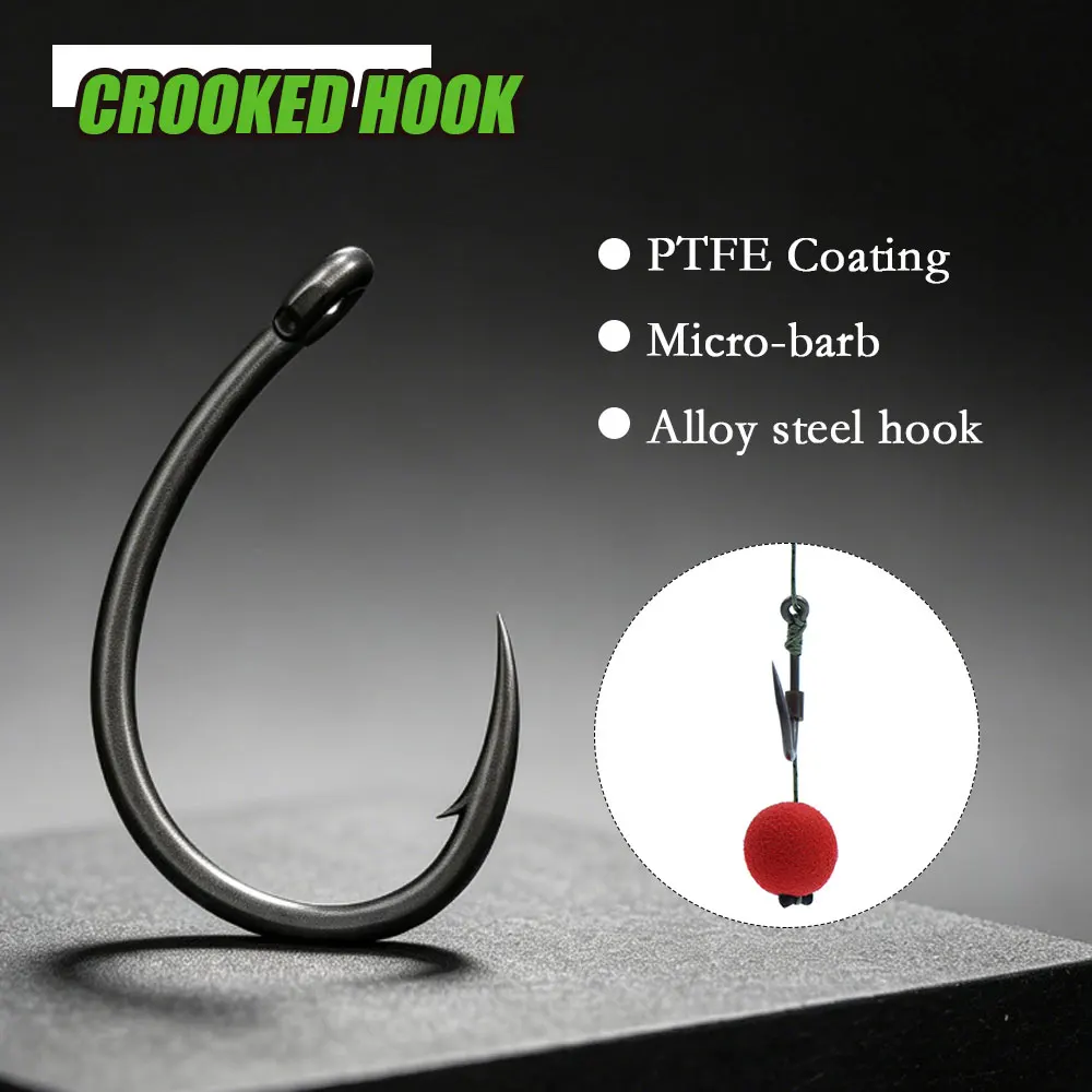 10 stücke Karpfen Angeln Haken PTFE Beschichtung Legierung Stahl Micro Barb Haken Super Sharp Abendessen Harte Crooked Haken Für karpfen Zubehör Tackle – Detail 1
