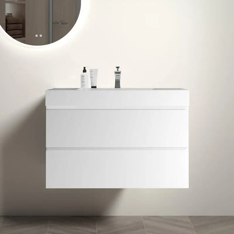 

36" White Floating Bathroom Vanity with Large Storage, Pre-assembled One-Piece Sink Basin, Modern Wall-Mounted Design, No Drain