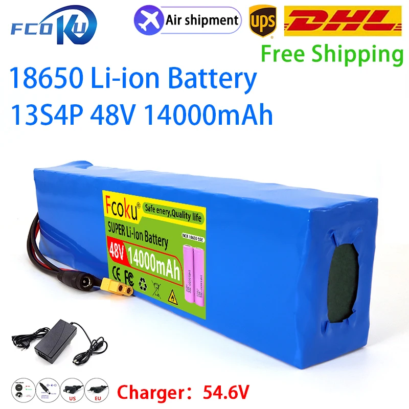 

E-bike Battery 48v 14Ah 18650 Lithium Ion Battery Pack 13S4P Bike Conversion Kit Bafang 1000W Belt 54.6V 2A Charger + XT60 Plug