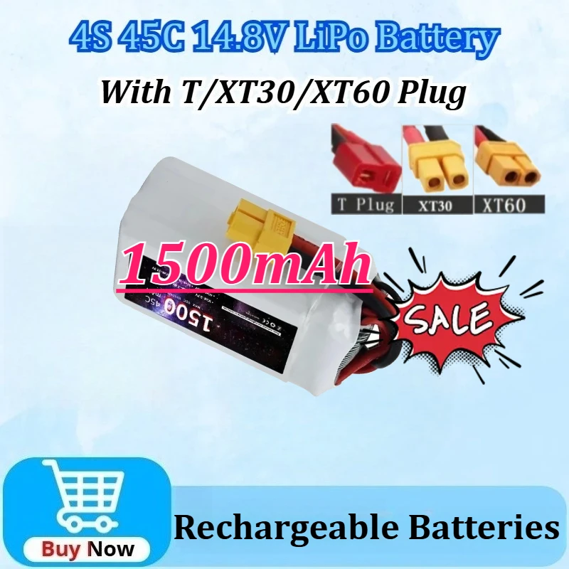 

Upgraded 14.8V 1500mAh 4S 45C Battery with T/XT30/XT60 Plug for RC Car Quadcopter Helicopter Boat Drones Spare Parts Battery