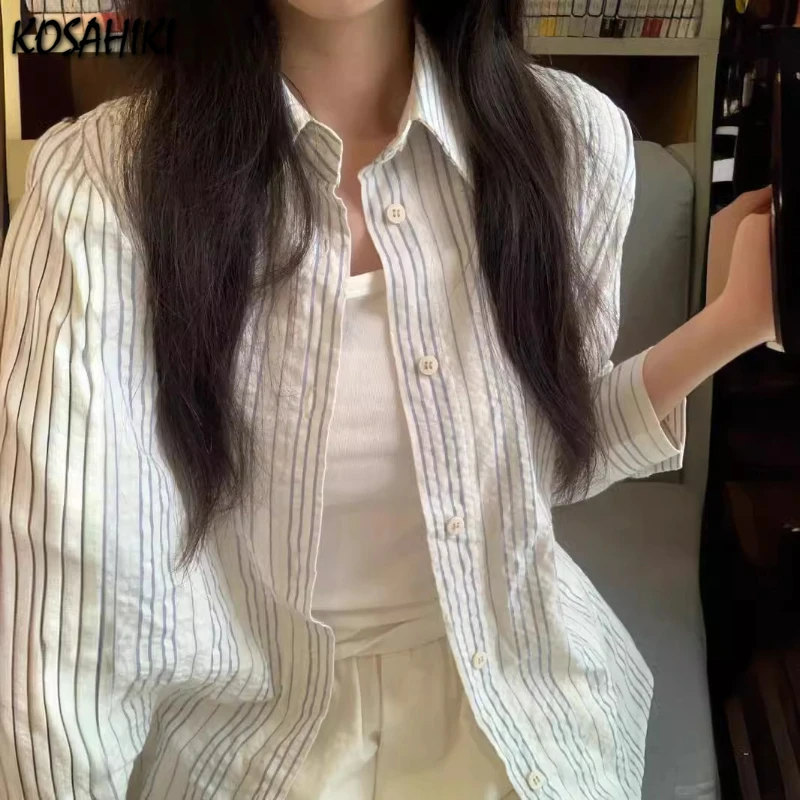 

Женская блузка в полоску Y2k, летняя Свободная рубашка в стиле гранж с карманами, однобортная уличная одежда в стиле Харадзюку, повседневные винтажные Блузы