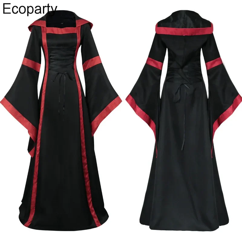 Women Medieval Retro Gothic Hoodie Witch Costume Luxury Womens Square Neck Long Flared Sleeves Dresses Hallowee Carnival Outfit