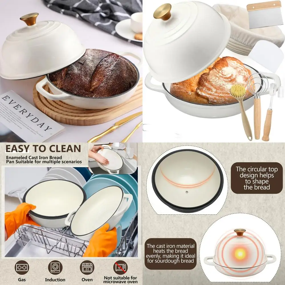 

4-Quart White Enamel Cast Iron Dutch Oven with Lid for Sourdough Baking and Roasting