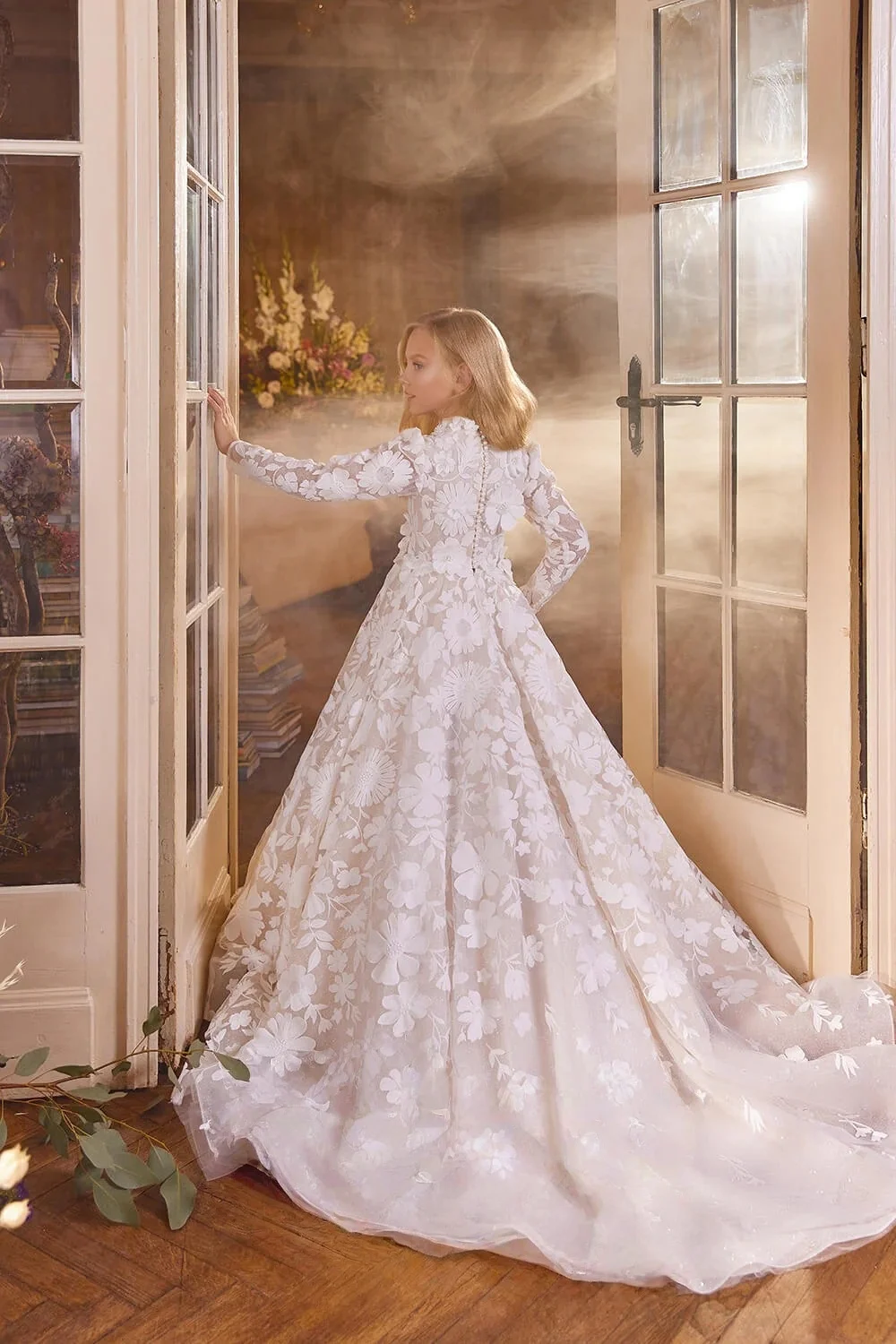 Custom JDY High Long Sleeve 3D Floral Tulle Trailing Flower Girl Dress Wedding Party Gown Birthday Pageant Dress فساتين اطفال