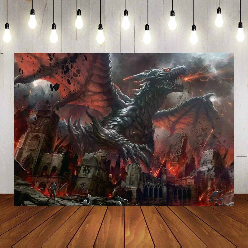 Macaron Tapestry Photography Backdrop Medieval Red Dragon Human War Mythology Themed Decoration Birthday Background Banner