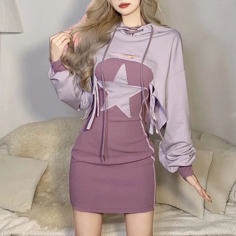 

Girl Street Ripped Cool Retro Style Sexy Slim mini Dress Women's Printed Casual Design Long Sleeve Shawl Suspension Skirt Suit