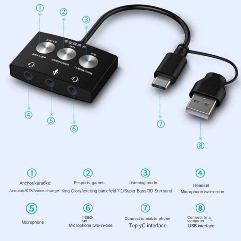 AT12 Type-C بطاقة الصوت لعبة حية K أغنية الاستماع أغنية USB إلى الصوت 3.5 مم تأثيرات صوتية متعددة