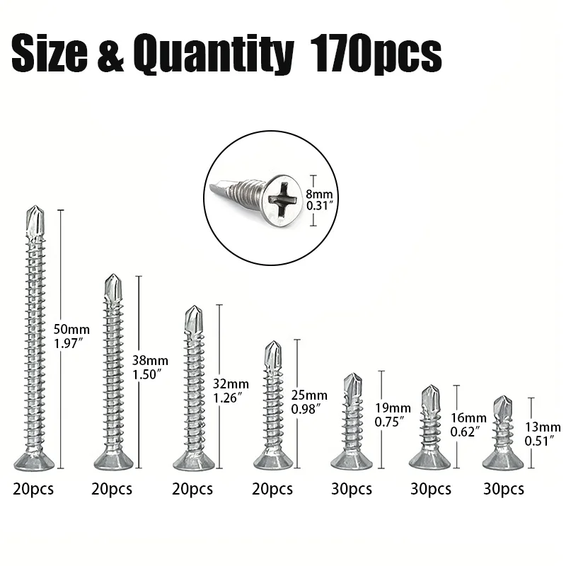 170-Piece #8 304 Stainless Steel Phillips Head Self-Drilling Screws, Sizes 13mm to 50mm, for Home Maintenance