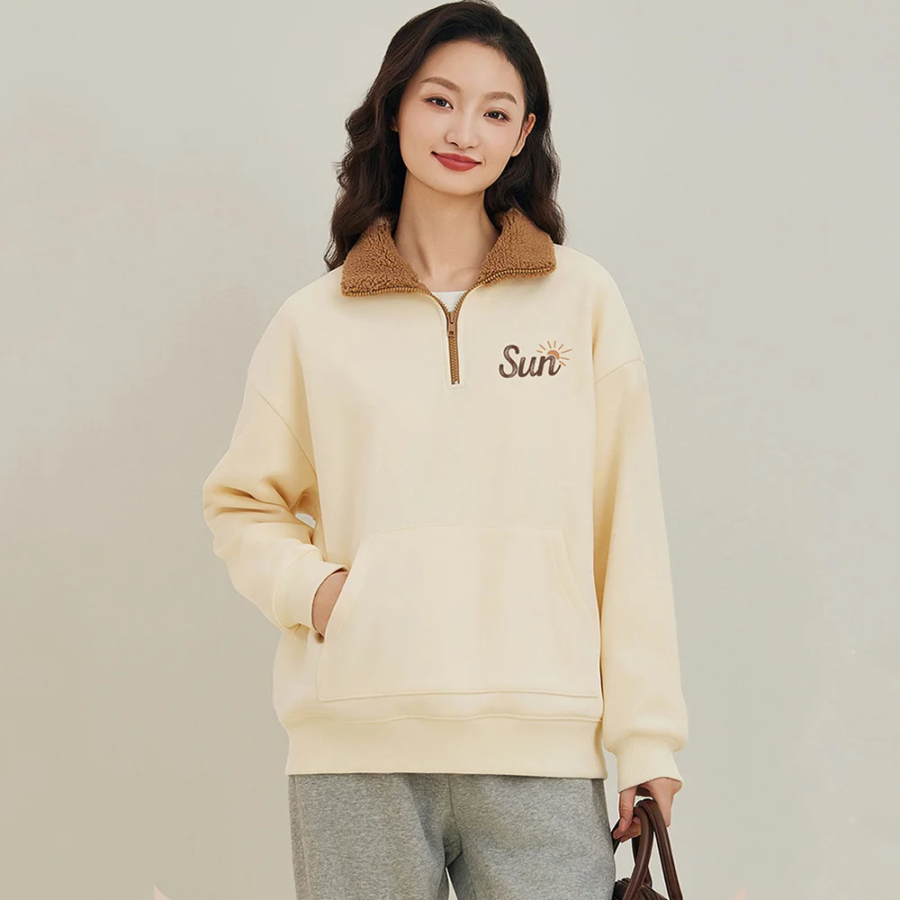 New Women Autumn Winter Thick Sweatshirt Fashion Zipper Stand Collar Plus Velvet Warm Pullover Casual Loose Letter Sweatshirt