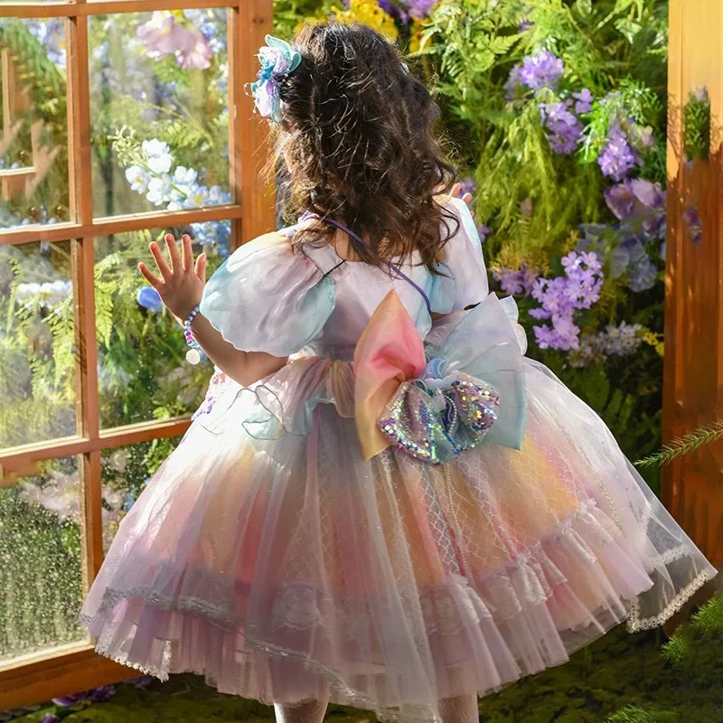 Rosa Lolita-Kleid für Mädchen, 3D-Blumen-Stickerei, Spitze, Rüschen, mehrlagiges Tutu-Kleid, Kinder-Prinzessinnen-Geburtstagsparty-Fotoshooting-Kostüm – Detail 3