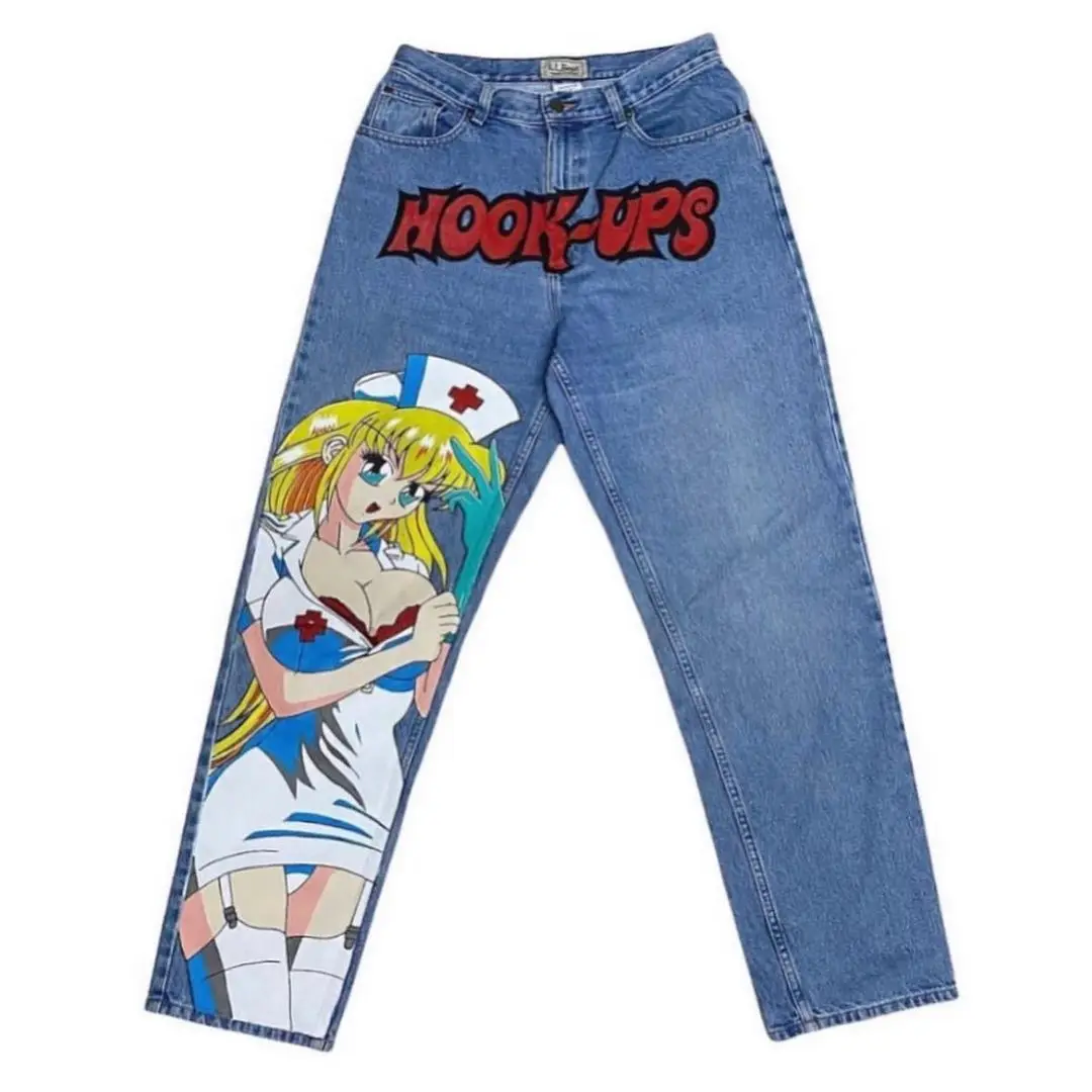 Pantalones vaqueros Retro holgados con estampado de dibujos animados de Anime japonés 002, informales de primavera y verano Pantalones rectos, pantalones de Hip-hop, Y2k