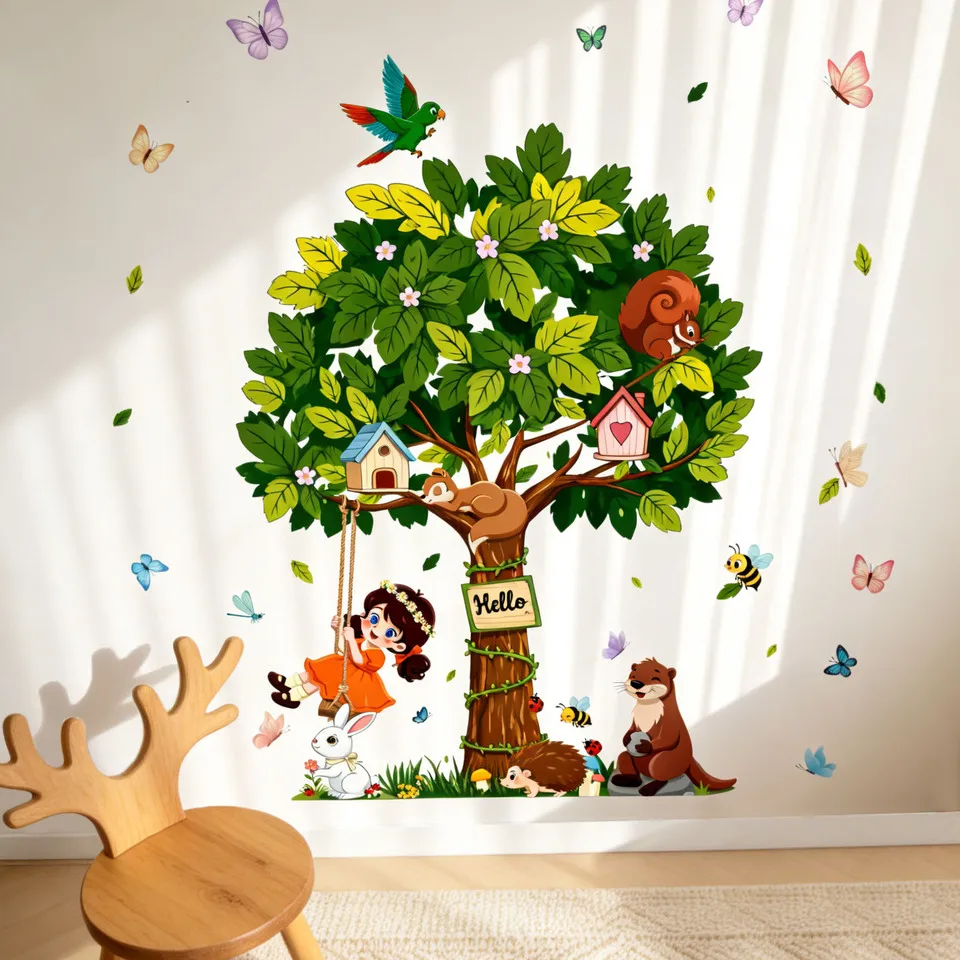 Cartoon Forest Tree Wall Stickers Girl Swing Squirrel Rabbit Otter Parrot Butterfly Bee Hello Sign Wall Decals Removable Kids Nu