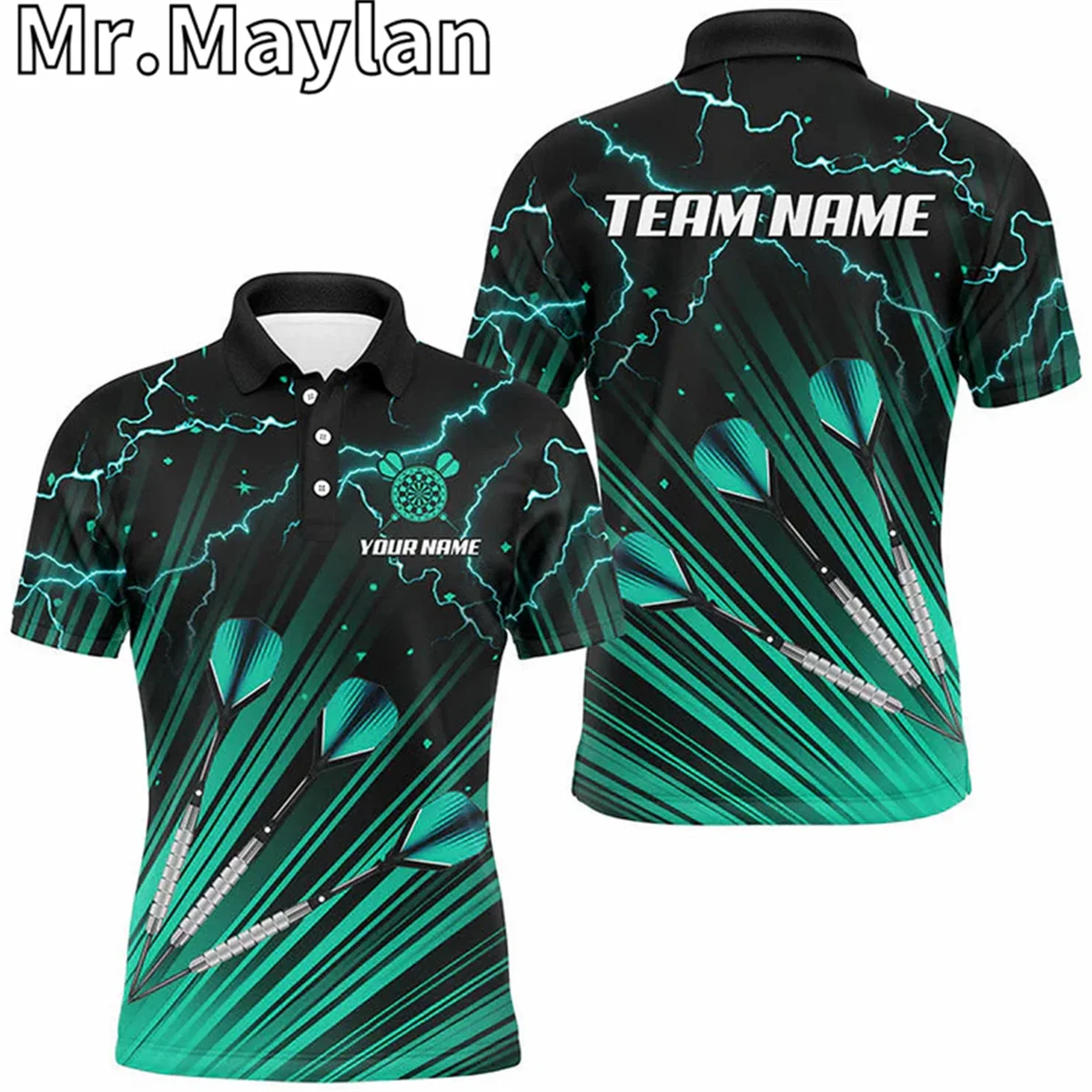 3D turquesa dardo flecha relámpago nombre personalizado dardos polos para hombres dardos equipo Jerseys uniforme regalo para amantes de los dardos
