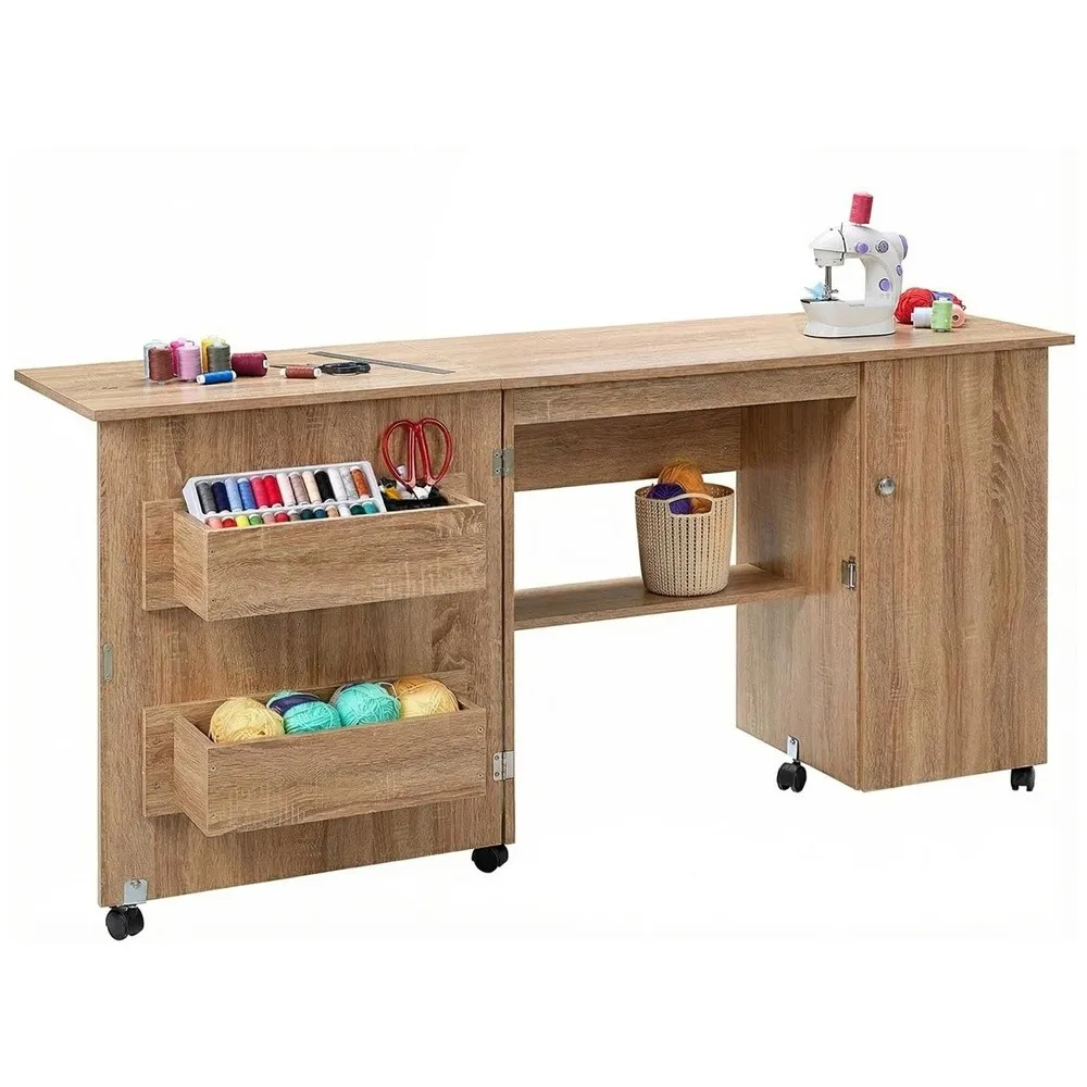 Folding Sewing Table for Office Multipurpose Portable Sewing Machine Desk with Storage Shelves Lockable Wheels Magnetic