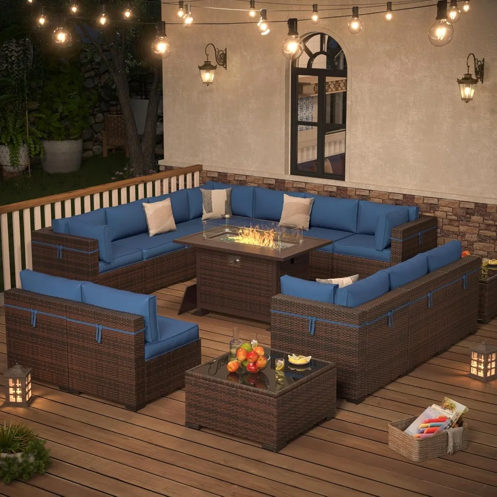 Outdoor Patio Furniture Set with Gas Fire Pit Table, 15 Pieces Patio PE Wicker Pit Sectional Sofa, 44