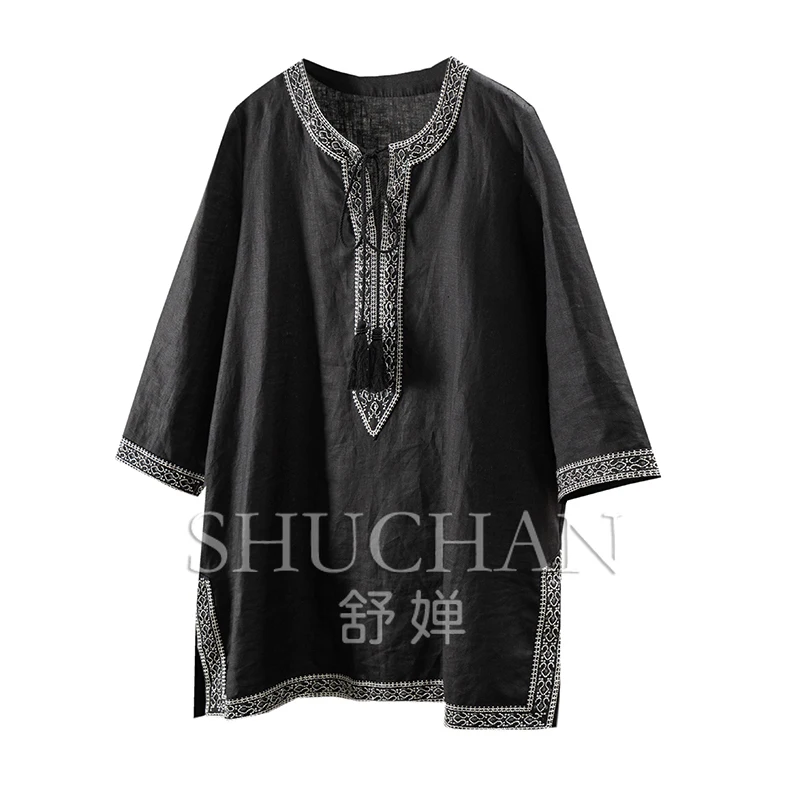 

Dnew plain and elegant tassel, French exquisite gold thread bead embroidery 100 linen seven-quarter sleeve shirt women 63C4