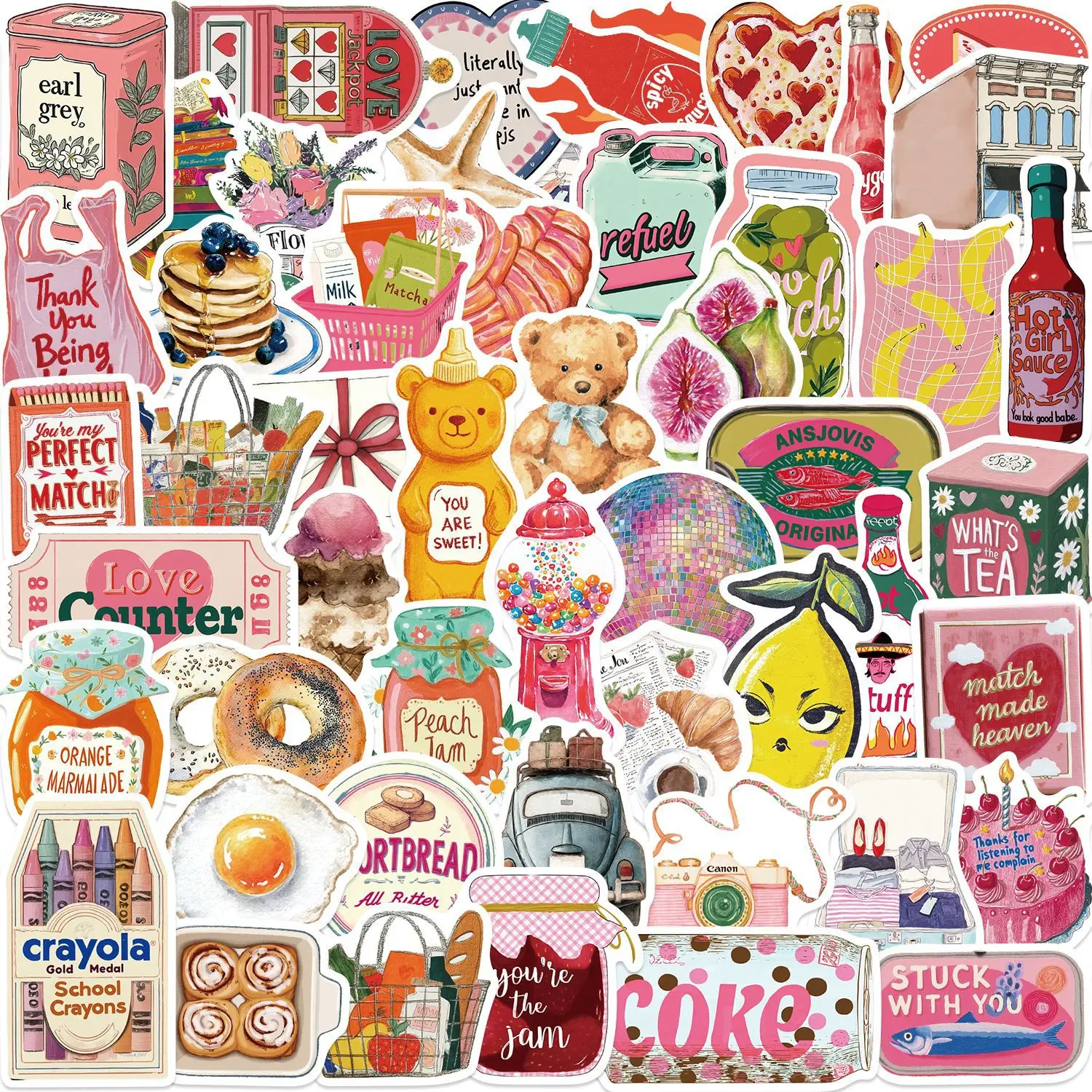 50Pcs Pink Retro Aesthetic Fruit Food Stickers Cartoon Jam Bread Decals DIY Decor For Phone Laptop Skateboard Guitar Notebook