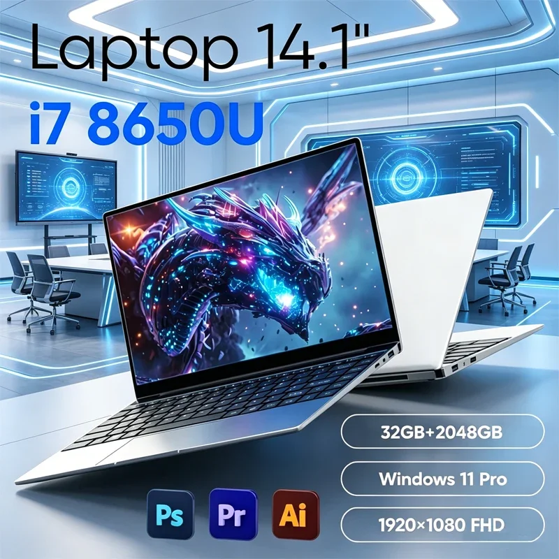 Laptop de 14.1 Polegadas com Aparência Simples e Elegante, Adequado para Estudantes e Trabalhadores de Escritório, Intel Core i7-8650U