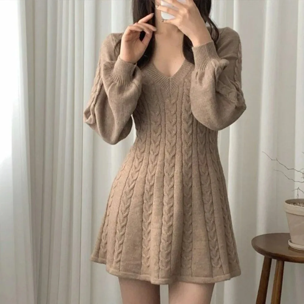 V-Neck Solid Cable Knit Dress Pink Black Knit Female Clothing Crochet Dress Stylish Solid Color Korean Fashion Knitted Dresses