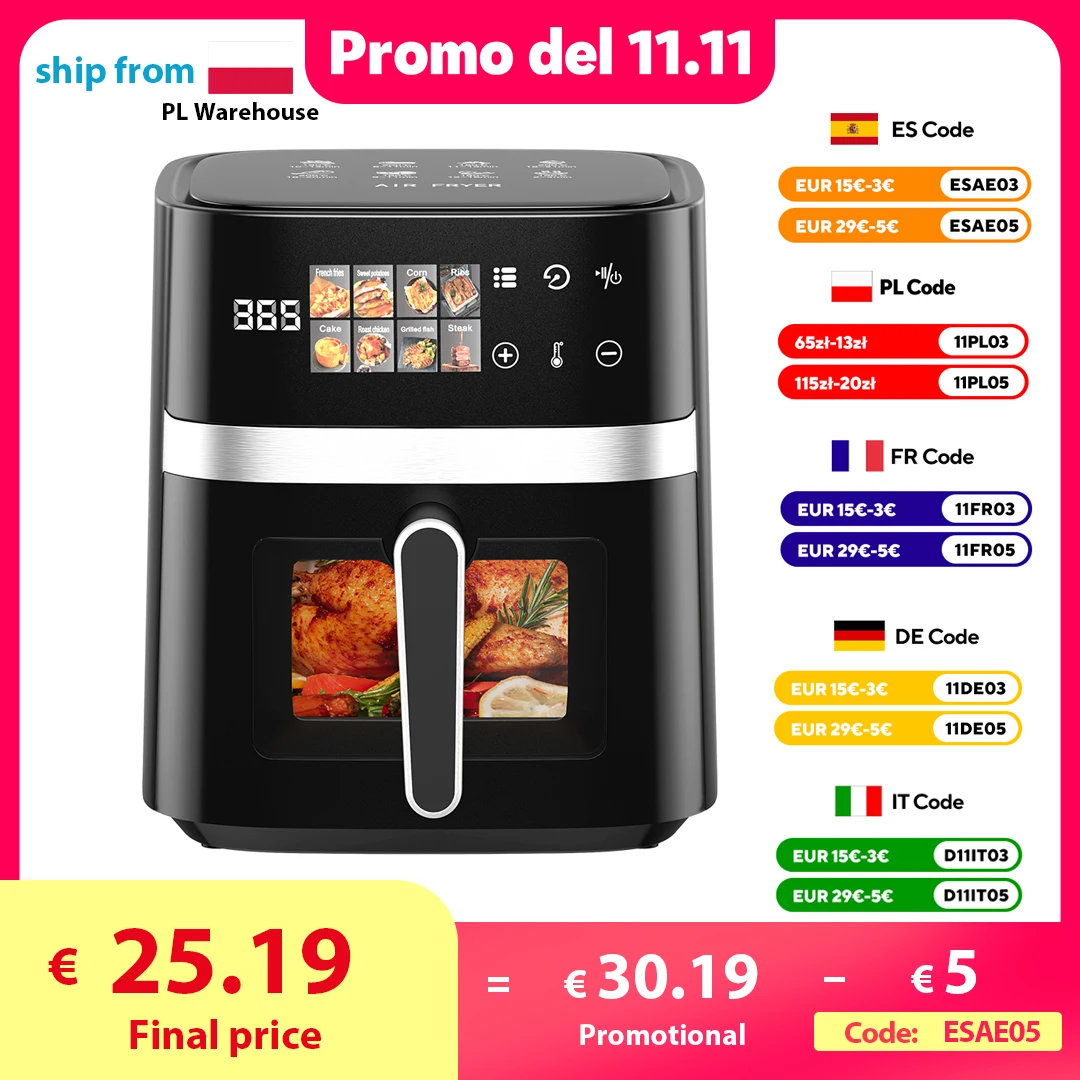 Patbrela Friteuse à air 5,5 L Four chaud électrique 8 en 1 avec écran LED numérique Fenêtre visible Max 200 ° C 1350W Nouvelle Friteuse No Graisse Noire