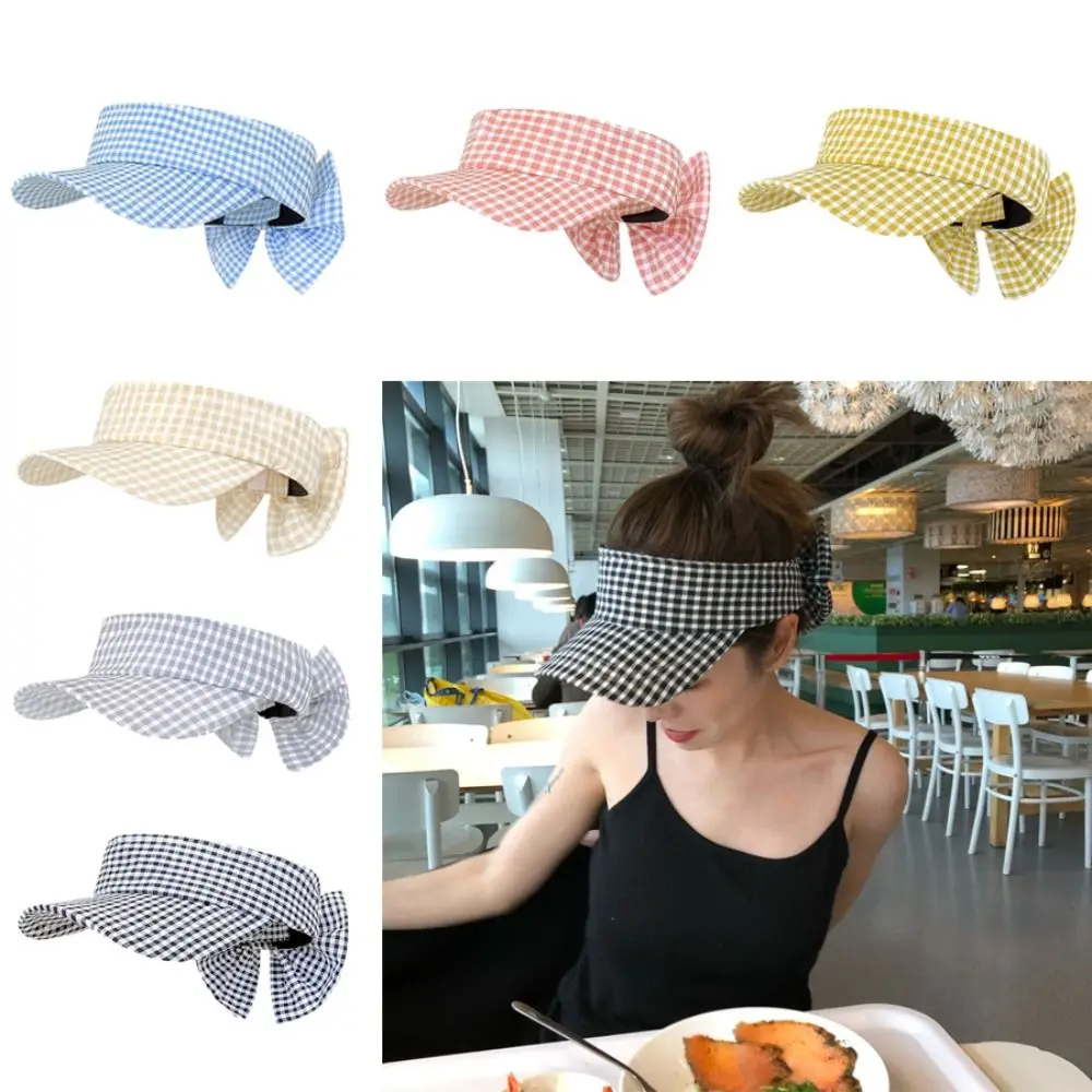 

Fashion Cotton Empty-top Sun Hat UV Protection Plaid Print Sun Visor Hat Bow Foldable Sunscreen Hat Summer