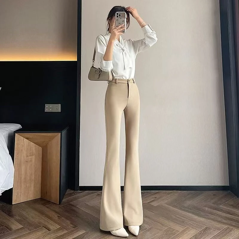 Women High Waist Micro Flare Trousers Summer Stretch Suit Pants Elegant Horseface Hem Wide Leg Floor Length Office Lady