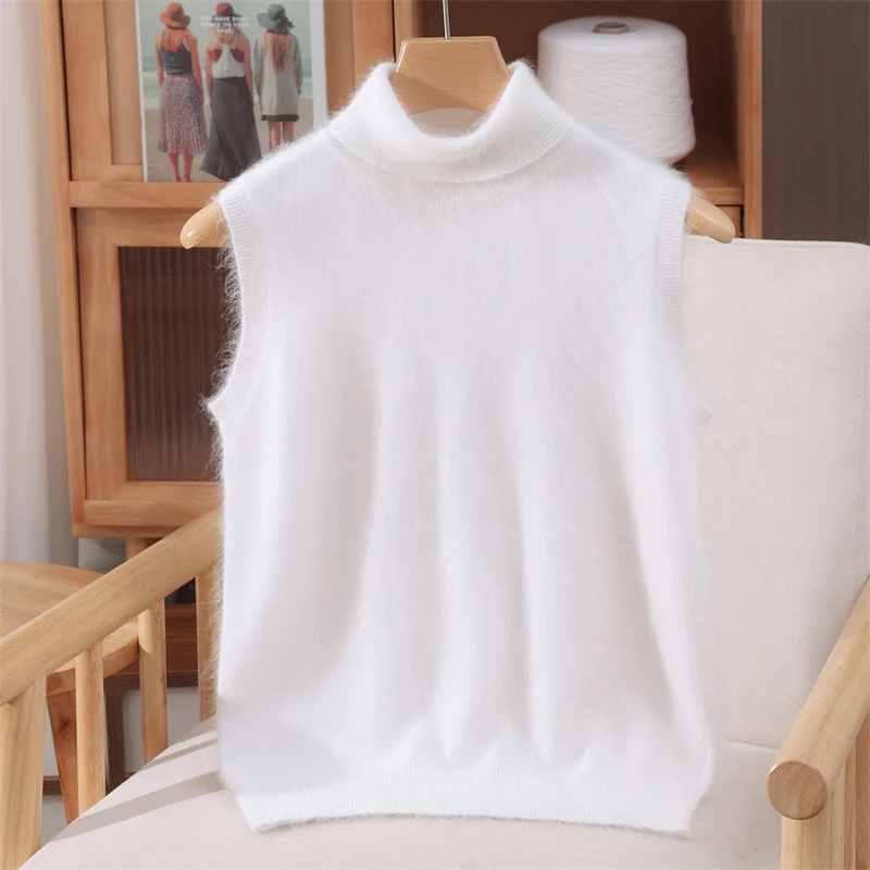 Chic Sweet Style Women's Vest Turn-Down Collar Sweater 100% Mink Cashmere Soft Warm Sleeveless Pure Color Casual Autumn Winter