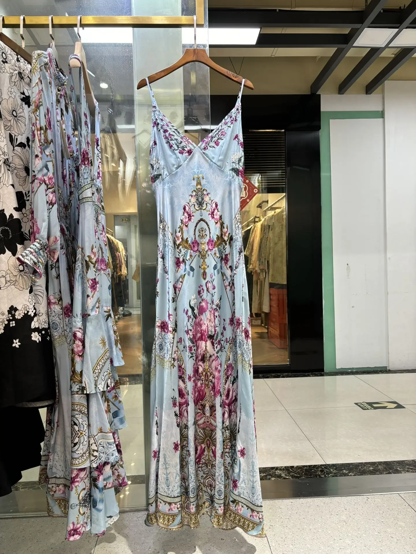 Robe Longue Bleue à Imprimé Floral pour Femme, Col en V en Fibre, Taille Haute, Slim, à la Mode, Été