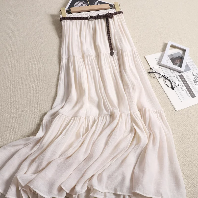 

Простая однотонная длинная юбка для женщин, лето 202, эластичный пояс трапециевидной формы, свободные многослойные юбки-торты, элегантная повседневная юбка