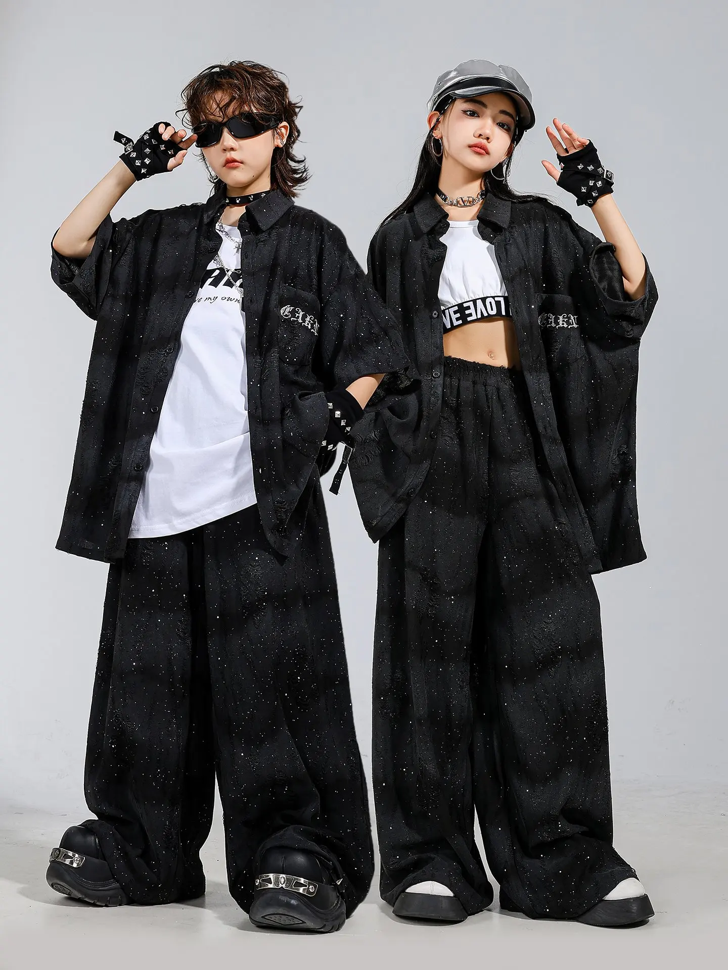 Vêtements Hip Hop brillants pour enfants, chemise noire à paillettes, pantalon pour garçons, manches courtes, Costume de spectacle de danse Jazz, Costume pour filles BL16549