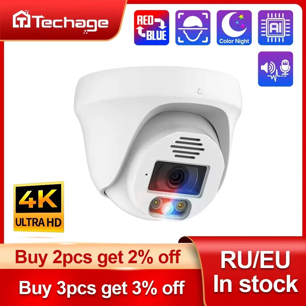 Techage H.265 8MP 4K POE Camera Face Detection Smart AI Two-way Audio Indoor Dome Camera For Surveillance System CCTV Video
