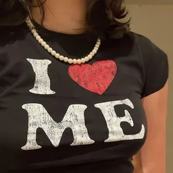 Y2K I LOVE ME print Harajuku Tee Women Streetwear short Sleeve Slim Fit Crop Tops Summer Clothes Baby Tees EMO Girls Streetwear