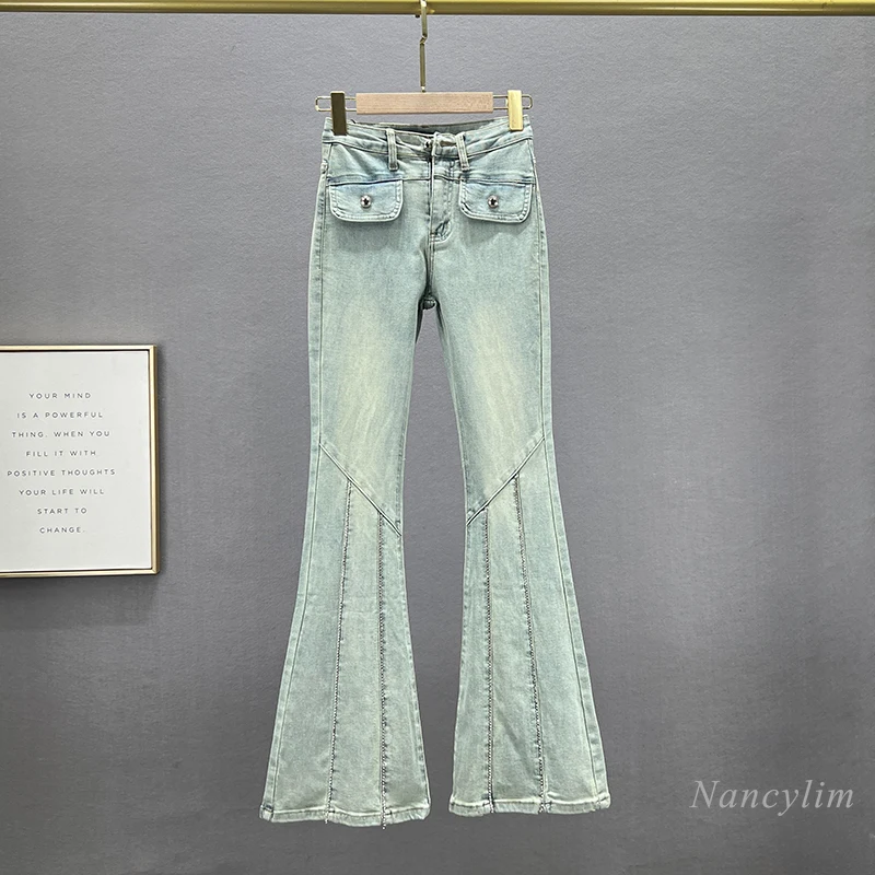 

Extended Denim Flared Pants Women's Spring Fall 2024 New High-waisted Slim-fitting European Street Diamond-encrusted Jeans