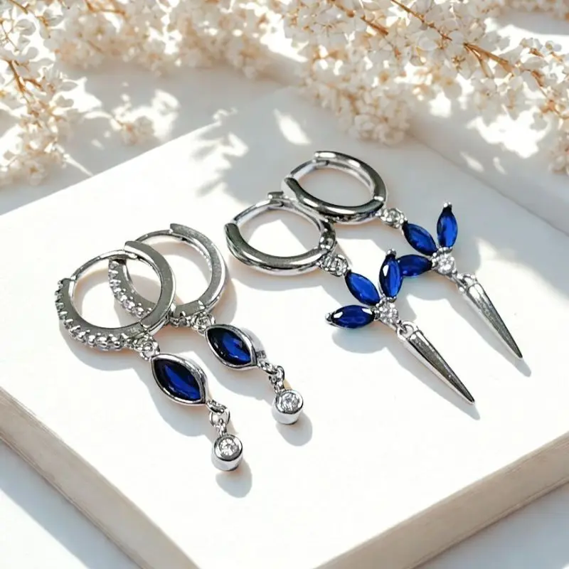 

925 Sterling Silver Ear Needle Minority Design Light Luxury Fashion Blue Silver Series Circle Earrings Pendant for Women Jewelry