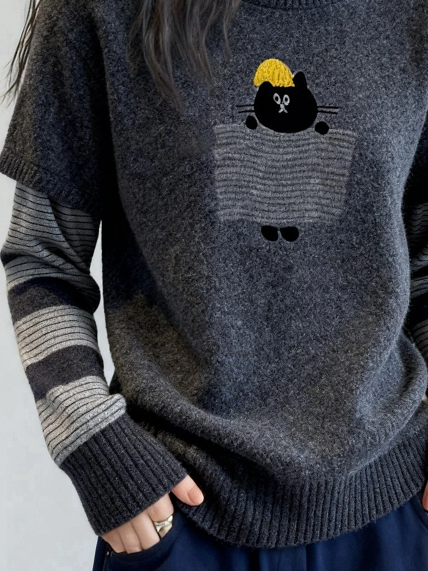 เสื้อสเวตเตอร์ไหมพรมทรงเกาหลี แขนยาว ดีไซน์สองชิ้นหลอกๆ สำหรับผู้หญิง เรียบง่าย ช่วยให้ดูผอมเพรียว เหมาะสำหรับใส่ไปทำงานในฤดูหนาว