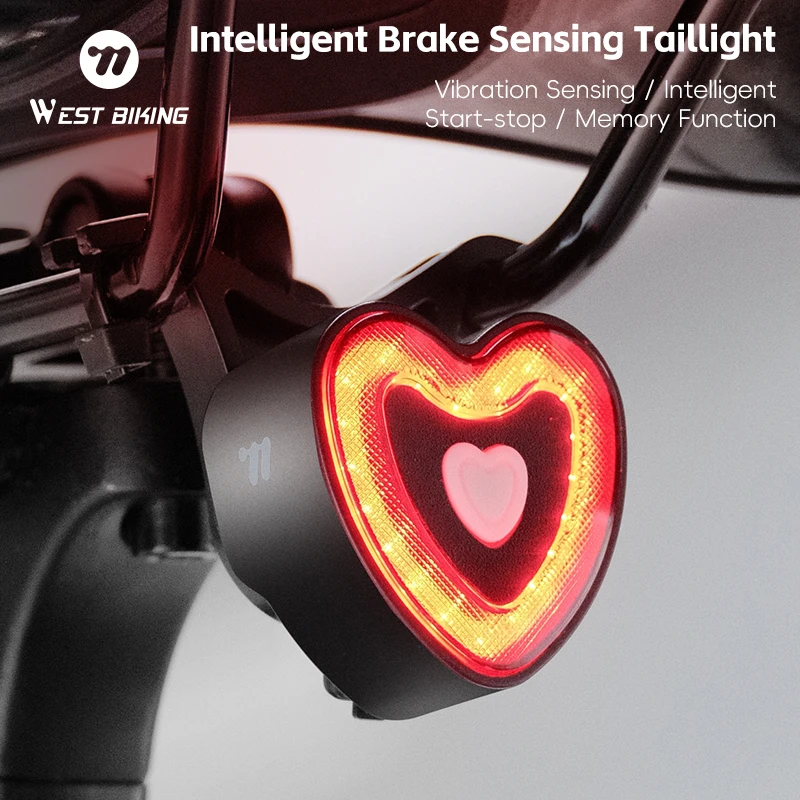 WEST BIKING Smart Brake Sensing Bike Tail Light IPX6 Waterproof 4 Modes Heart Lamp MTB Road Bike Rear Lamp Bicycle Cycling Parts